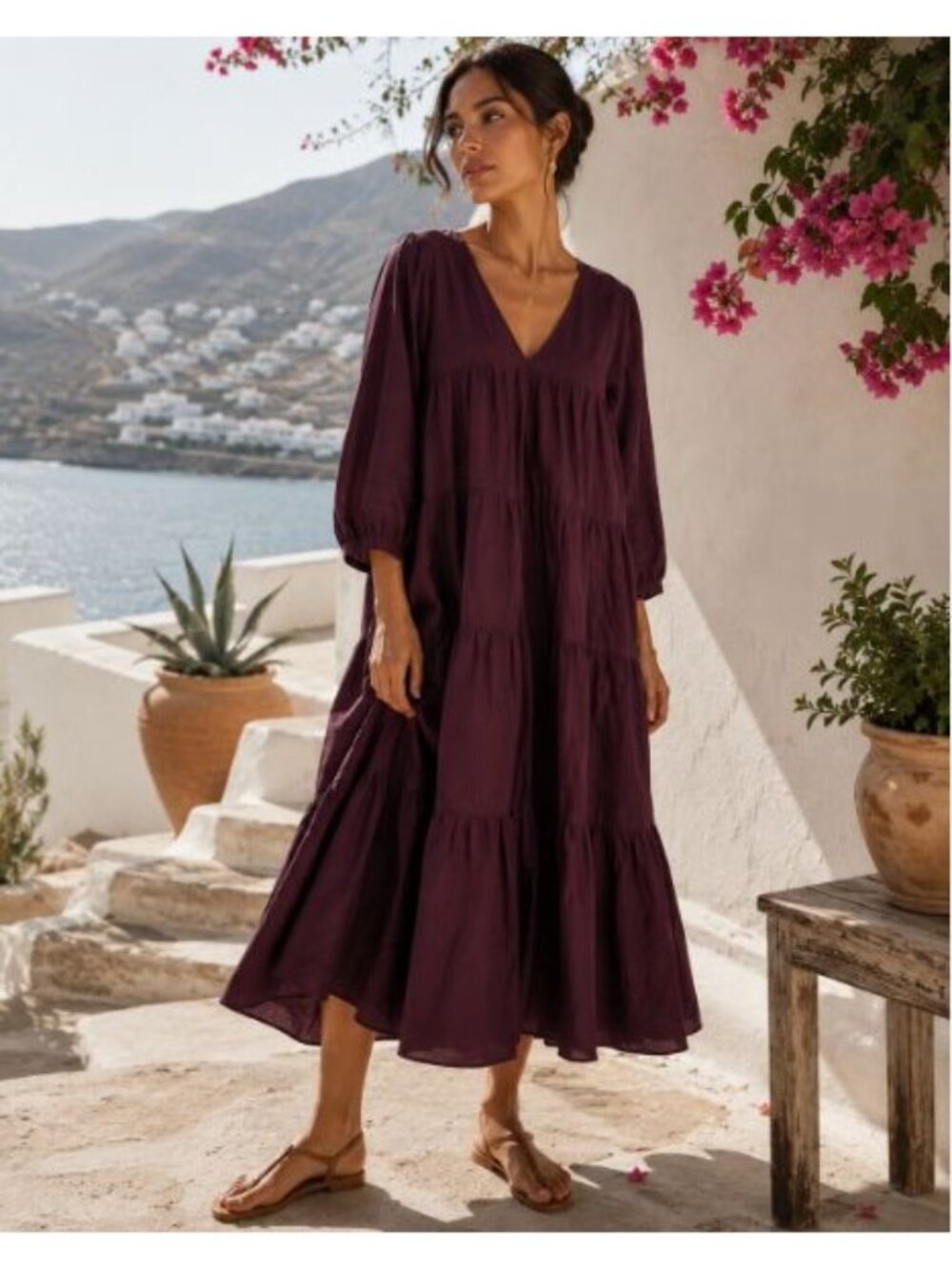Mille Resort Gemma Plum Tiered Maxi V-Neck Smock House Dress Organic Dress S